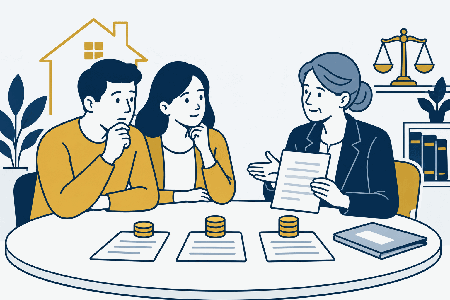 Een stel bespreekt met een adviseur de kosten van drie stappen in een BKR-traject, met een woning op de achtergrond.