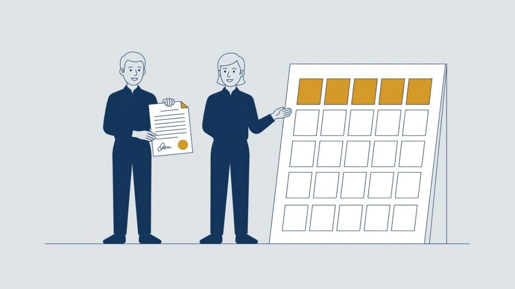 Illustration: an employee with a signed agreement next to a calendar with two weeks marked, the cooling-off period
