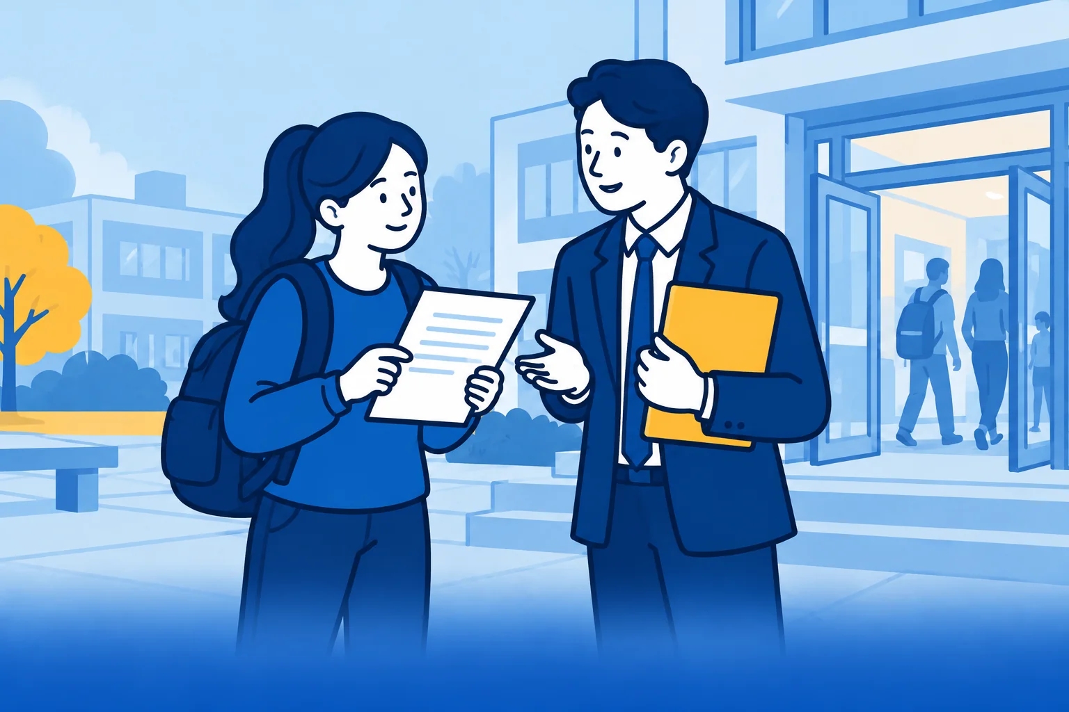 Student bespreekt een VOG-brief met een advocaat bij een opleidingsgebouw.