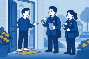 Bewoner spreekt bij de voordeur met twee medewerkers over een huisbezoek.