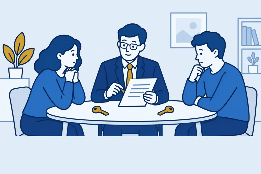 Twee ex-partners bespreken hun huurcontract met een adviseur en twee sleutels op tafel