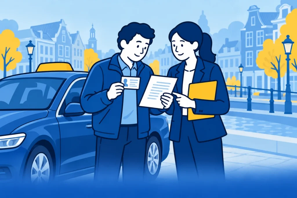 Taxichauffeur bespreekt een VOG-brief en chauffeurskaart met een advocaat.