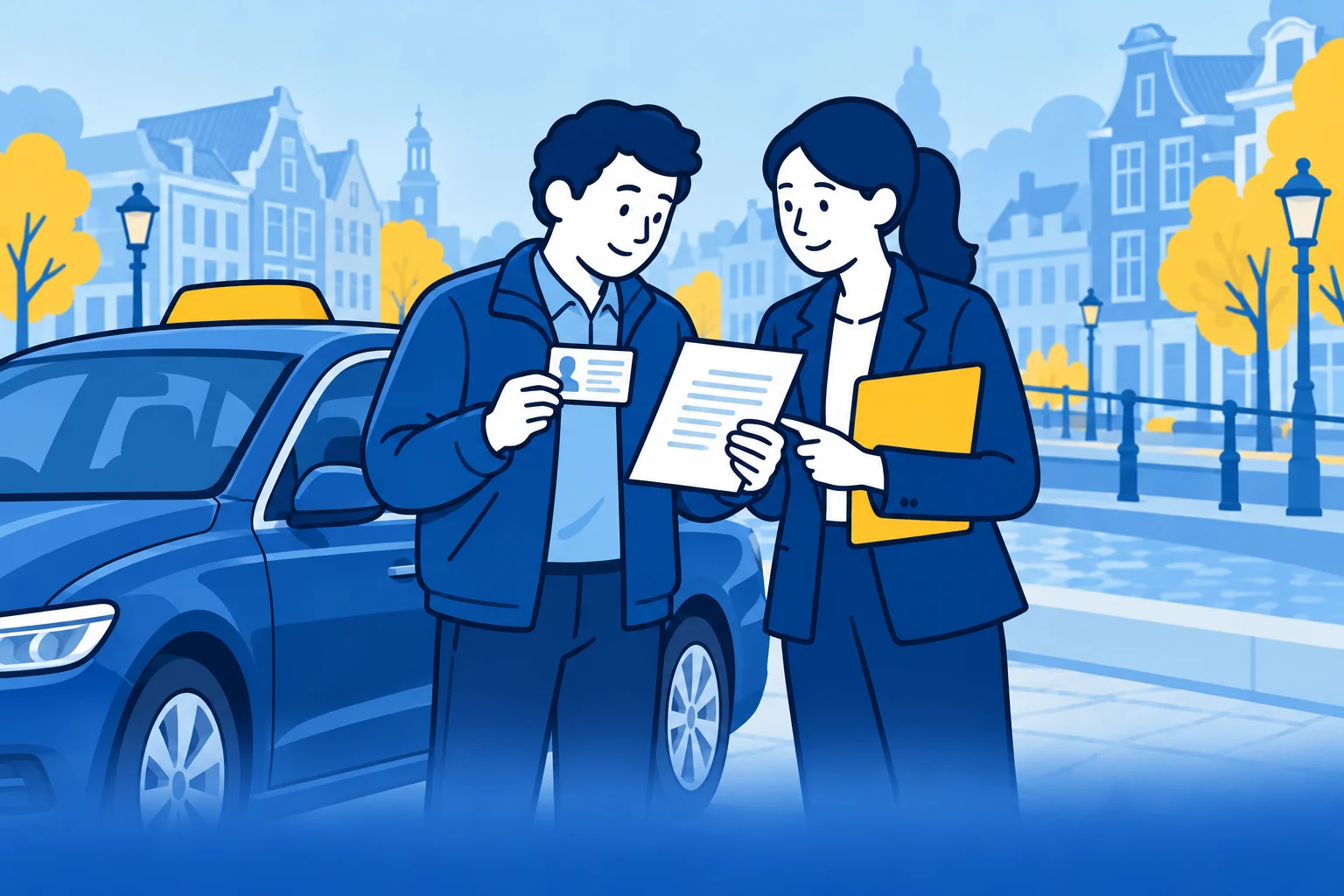 Taxichauffeur bespreekt een VOG-brief en chauffeurskaart met een advocaat.