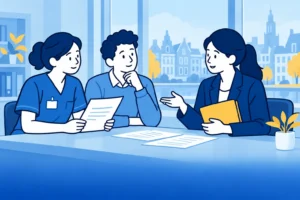 Zorgmedewerker en pedagogisch medewerker bespreken VOG-documenten met een advocaat.