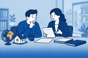 Cliënt bespreekt eigendomsstukken van een buitenlandse woning met een adviseur.