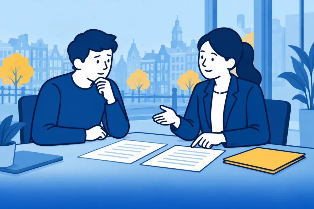 Werknemer legt een arbeidscontract en VOG-brief voor aan een advocaat.