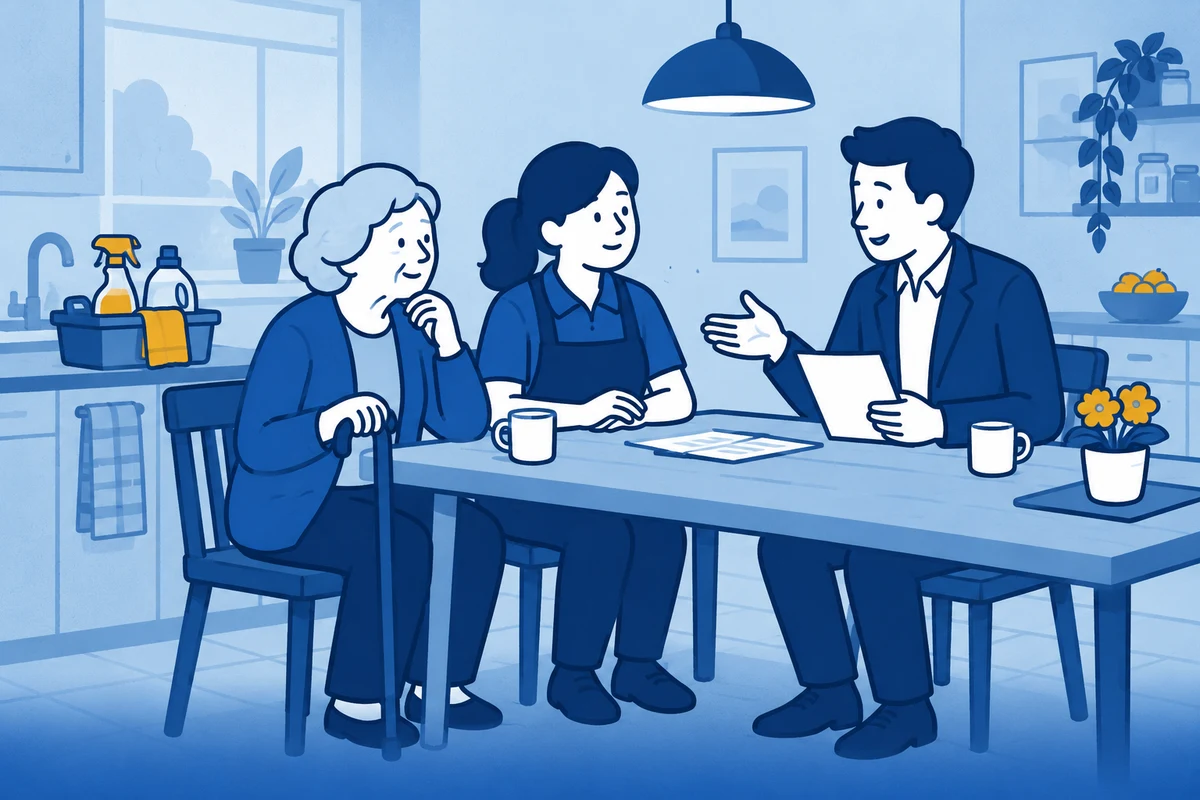 Bewoner met een mobiliteitsbeperking bespreekt ondersteuning thuis met een adviseur.