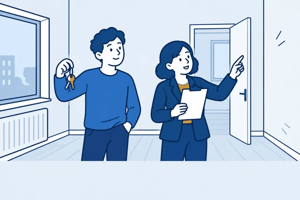 Huurder en beheerder inspecteren een lege woning met een checklist en sleutels
