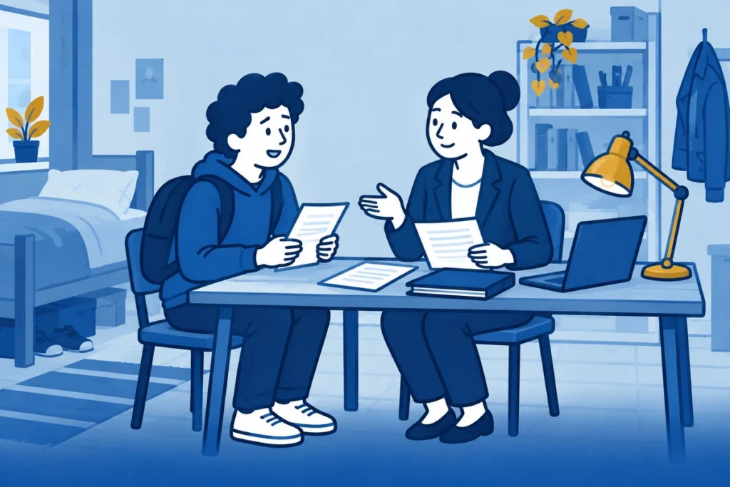 Student en juridisch adviseur bespreken woongegevens in een studentenkamer.