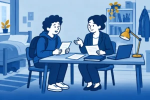 Student en juridisch adviseur bespreken woongegevens in een studentenkamer.