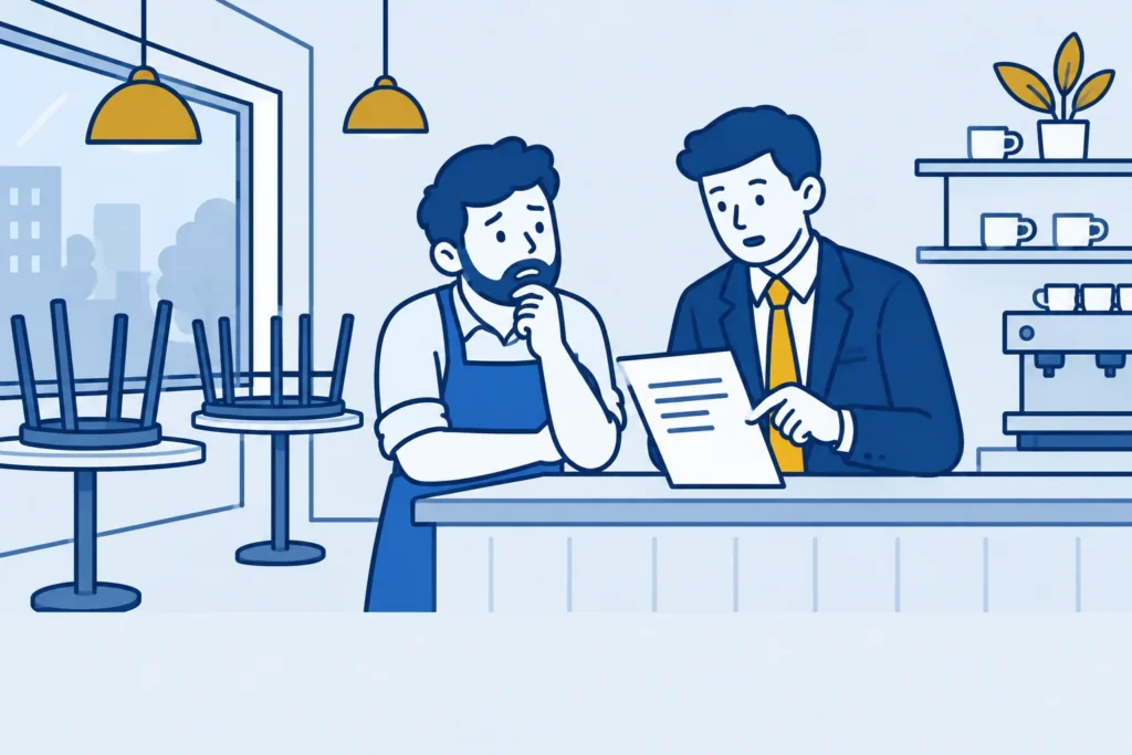 Horecaondernemer en adviseur bespreken een huurbrief achter een cafétoonbank