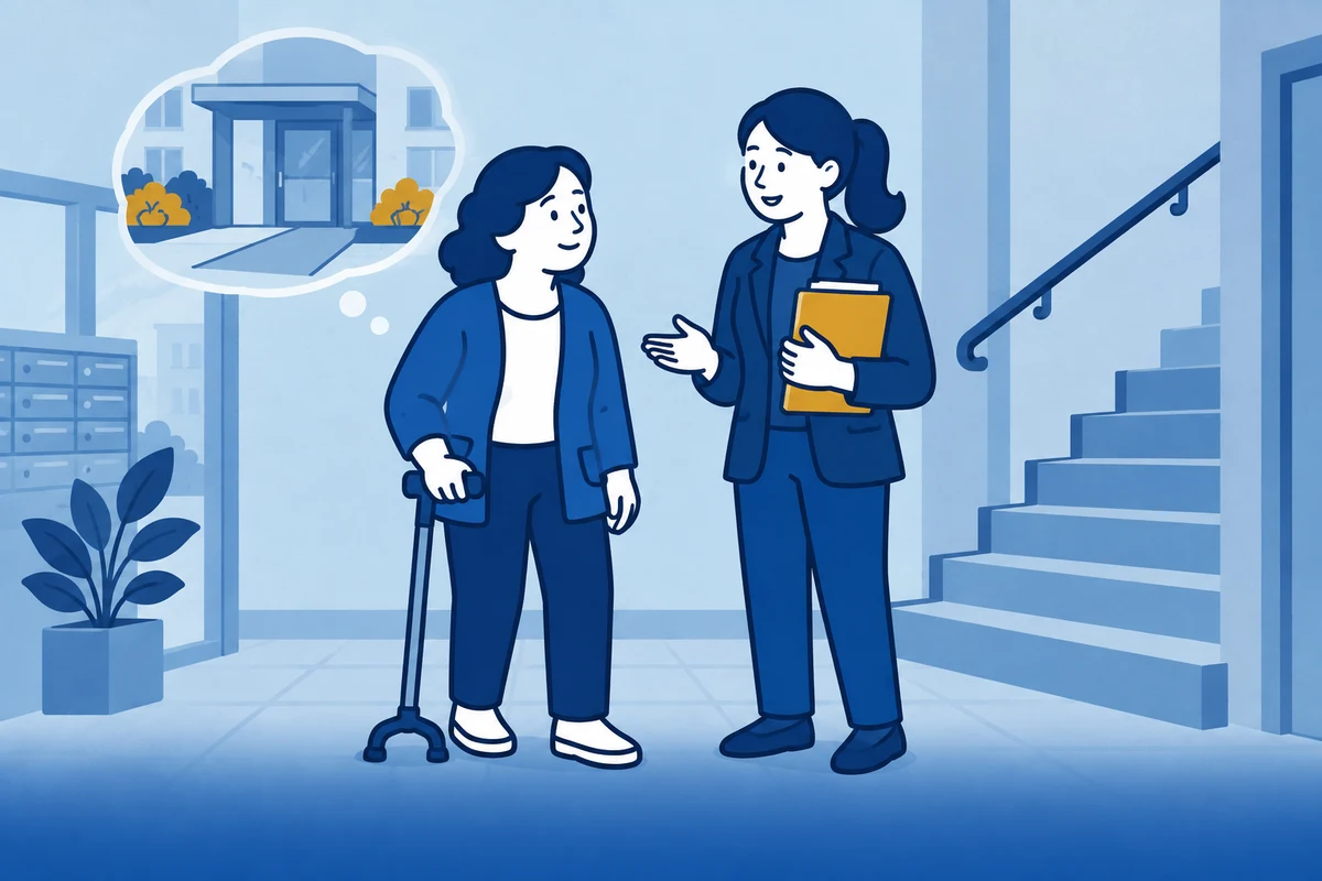 Vrouw met een loophulpmiddel en adviseur bespreken een toegankelijke woning bij een trap.