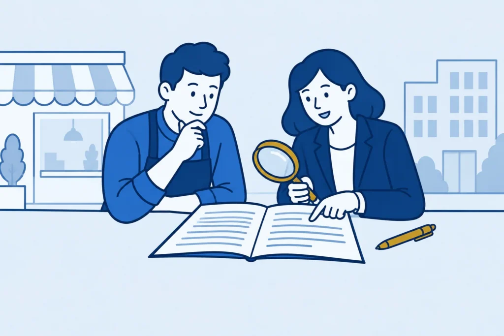 Ondernemer en adviseur onderzoeken een bedrijfsruimtecontract met een vergrootglas