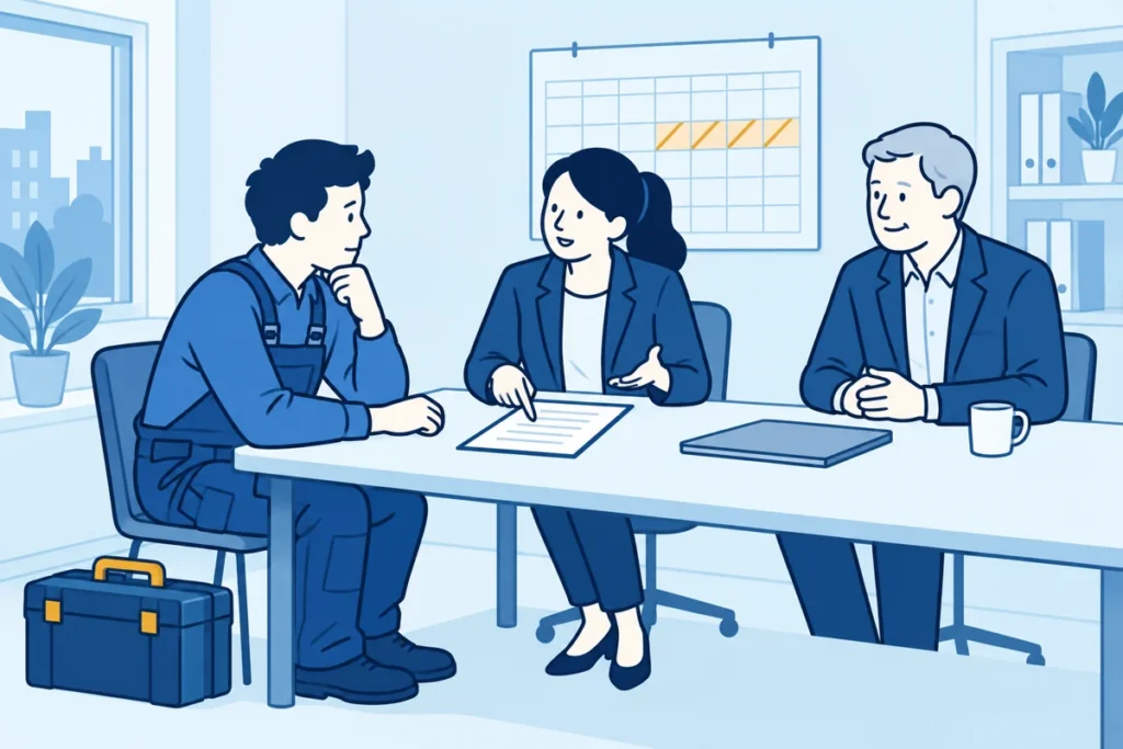 Technicus, ondernemer en adviseur bespreken een tijdelijke onderbreking van werkzaamheden.