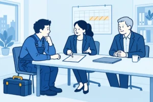 Technicus, ondernemer en adviseur bespreken een tijdelijke onderbreking van werkzaamheden.