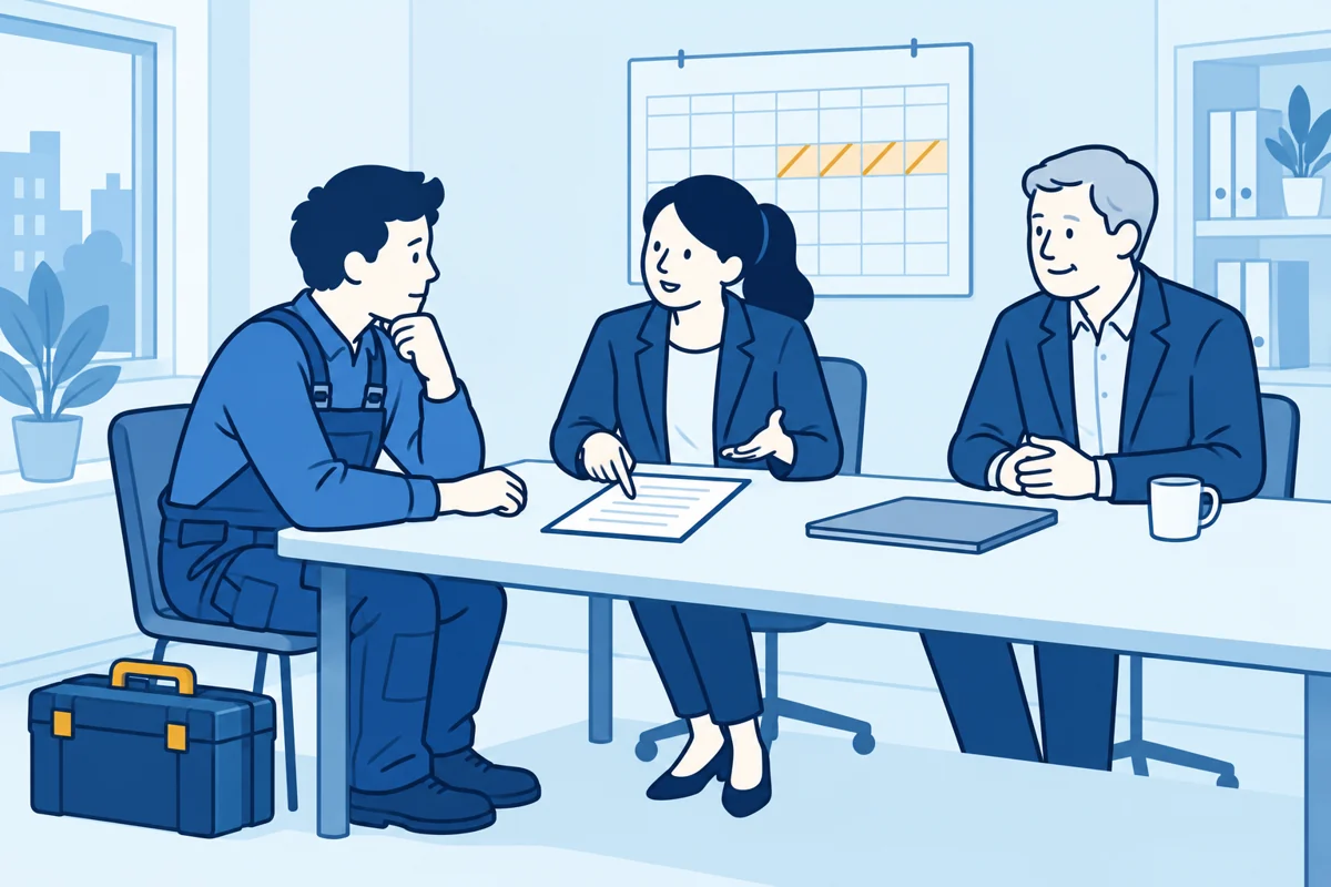 Technicus, ondernemer en adviseur bespreken een tijdelijke onderbreking van werkzaamheden.