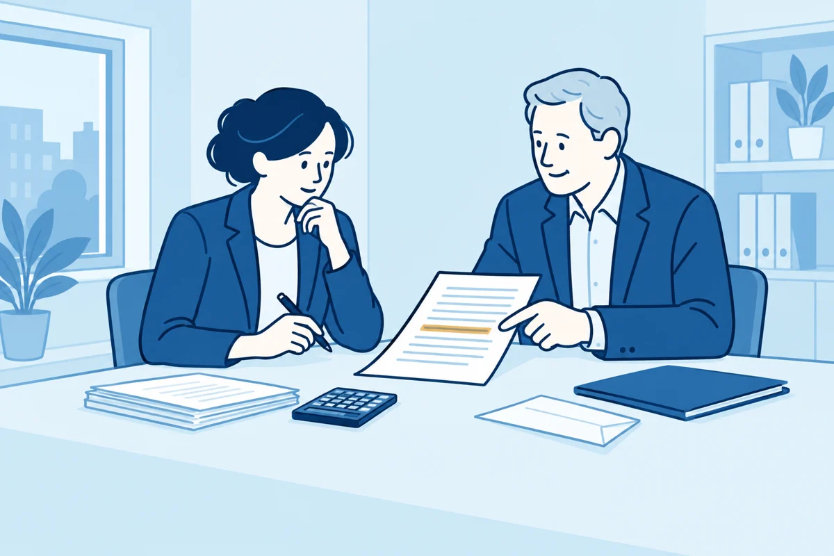 Zelfstandig adviseur bespreekt een gemarkeerde boeteclausule met een juridisch adviseur.