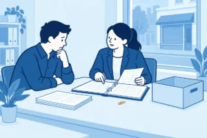 Schuldeiser en adviseur bekijken financiële stukken van een beëindigde onderneming.
