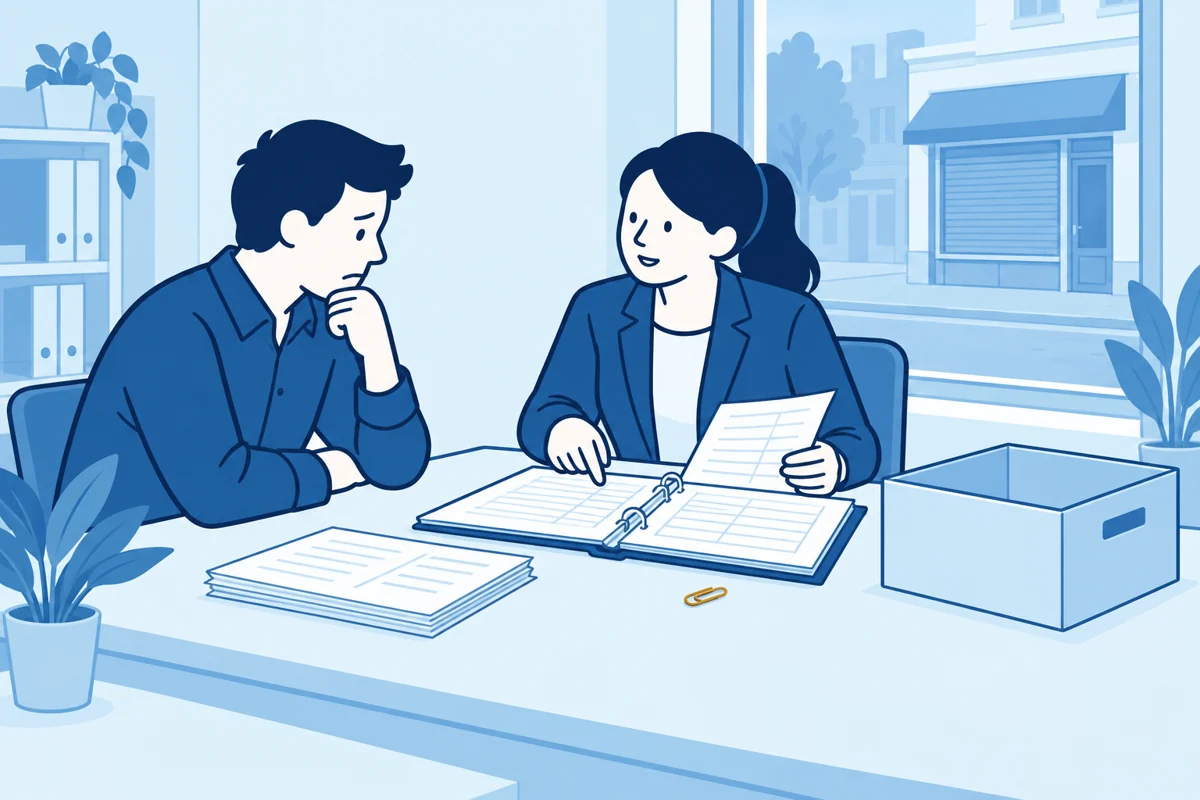 Schuldeiser en adviseur bekijken financiële stukken van een beëindigde onderneming.