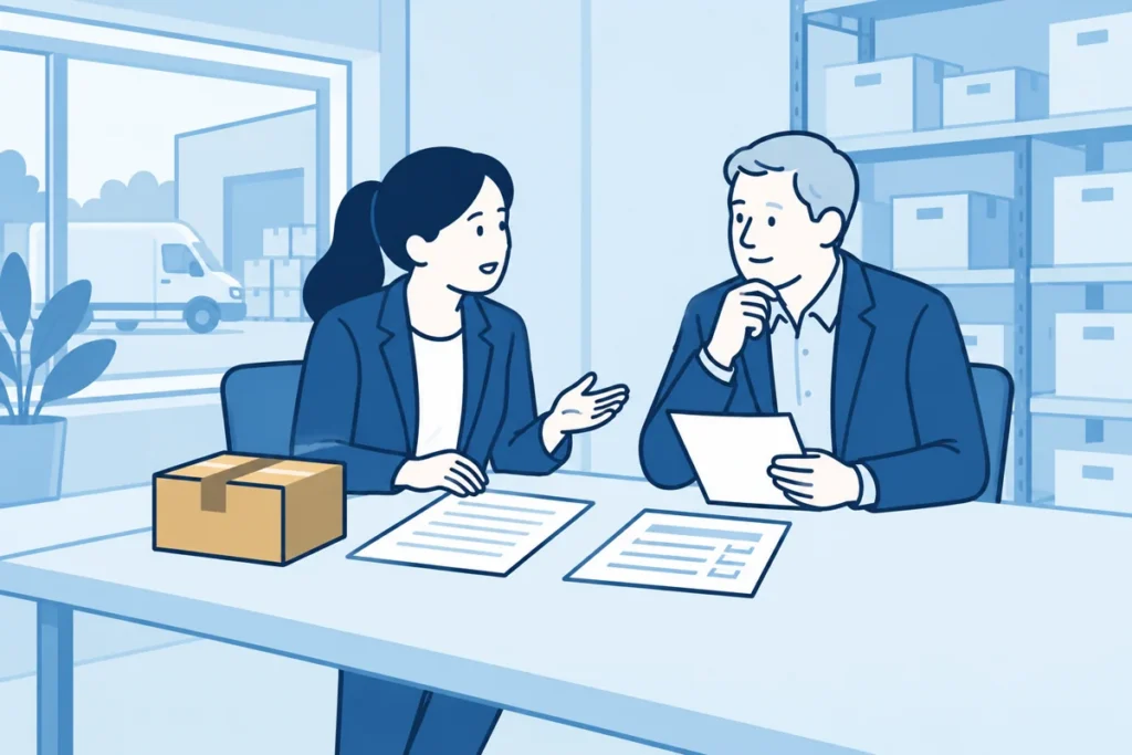 Distributeur en adviseur bespreken een contract en de afwikkeling van resterende voorraad.