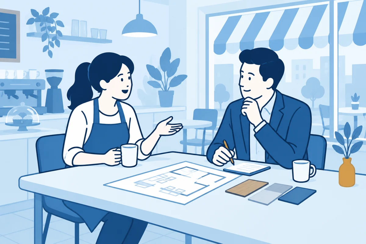 Franchisenemer en adviseur bespreken een voorgestelde verbouwing van haar vestiging.