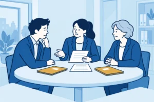 Twee aandeelhouders bespreken hun conflict en mogelijke afspraken met een adviseur.