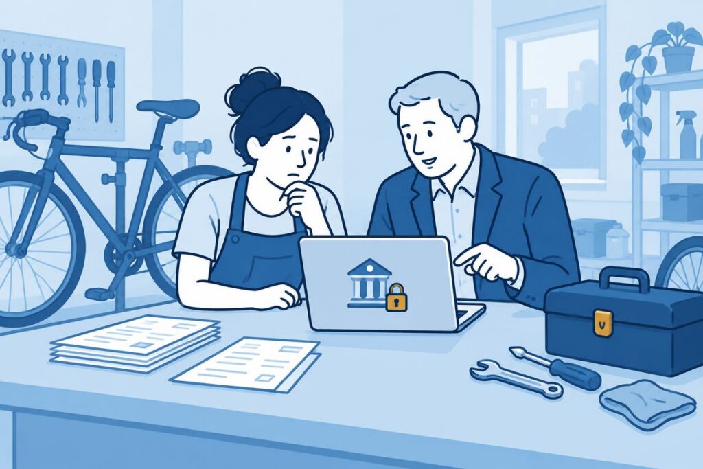 Ondernemer bespreekt zakelijke bankdocumenten en de continuïteit van het bedrijf.