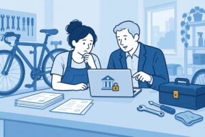 Ondernemer bespreekt zakelijke bankdocumenten en de continuïteit van het bedrijf.