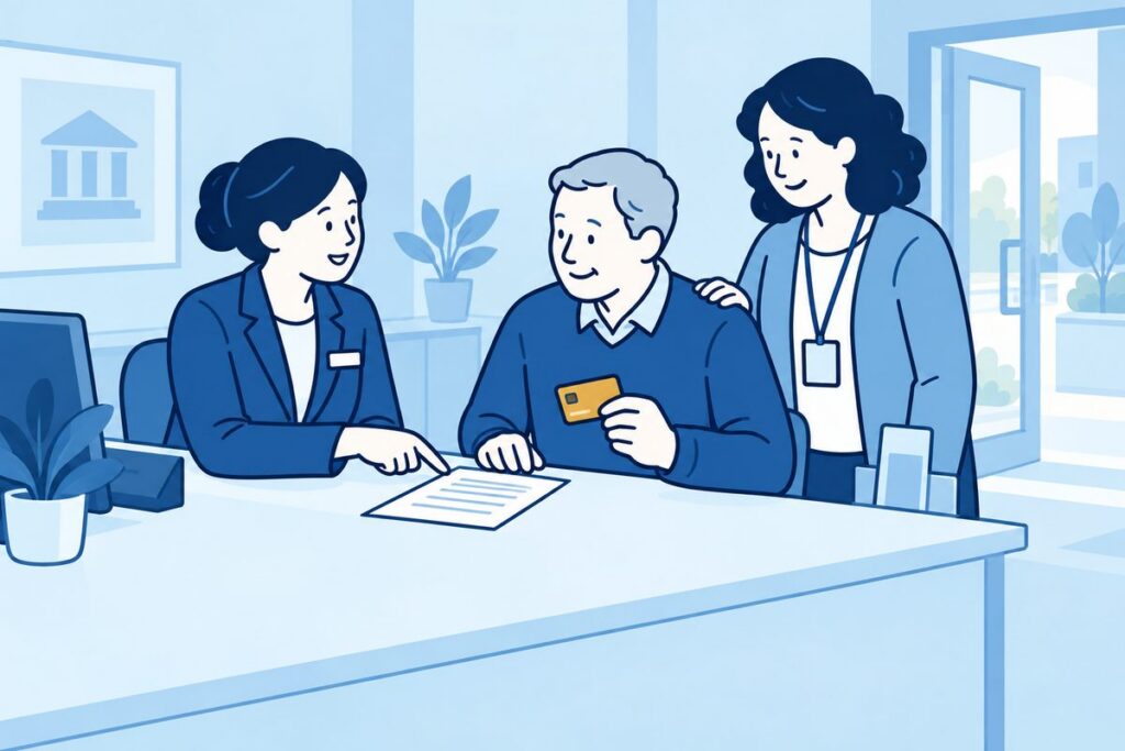 Cliënt bespreekt een aanvraag voor een basisbetaalrekening met een adviseur.