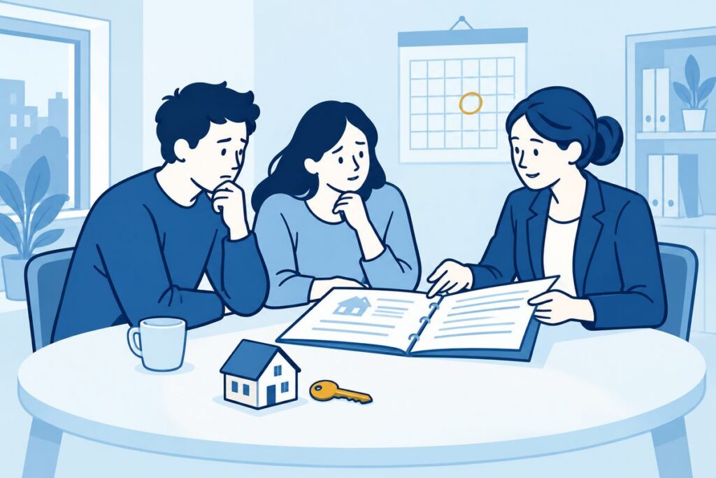 Woningkoper en adviseur bekijken hypotheekstukken en afspraken over de financiering.