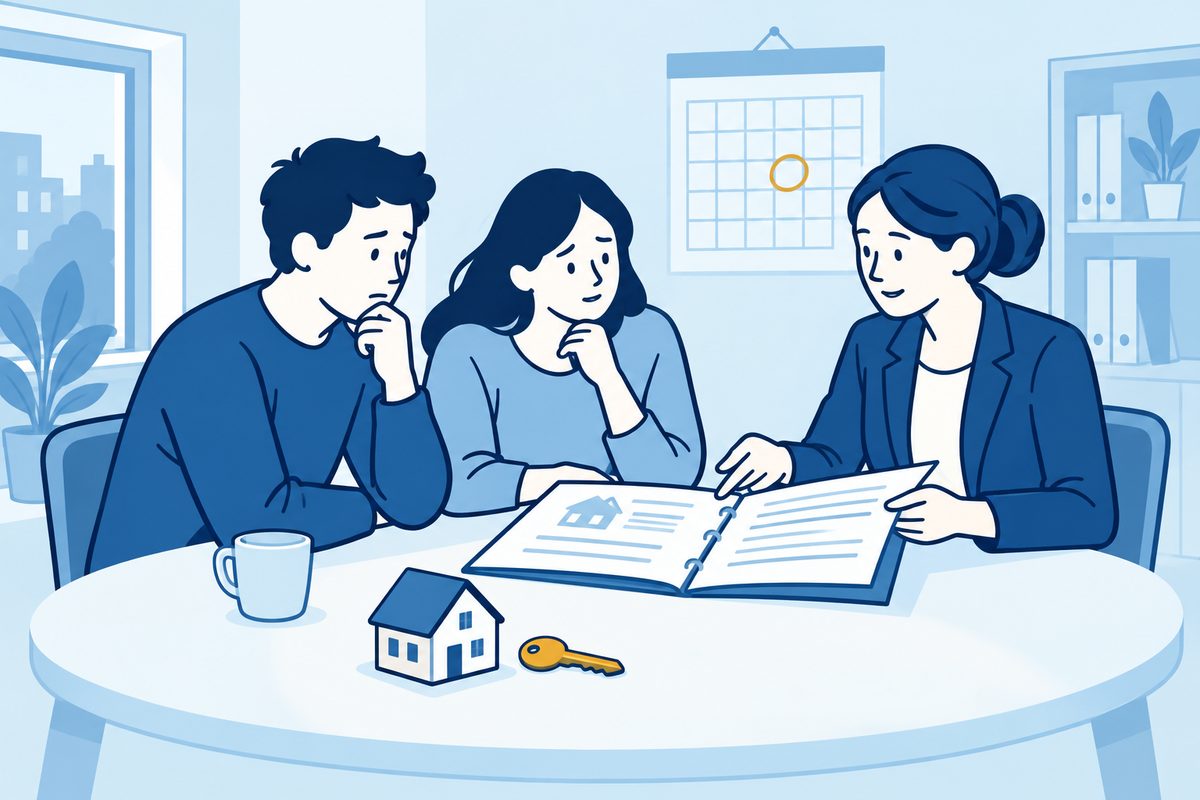 Woningkoper en adviseur bekijken hypotheekstukken en afspraken over de financiering.