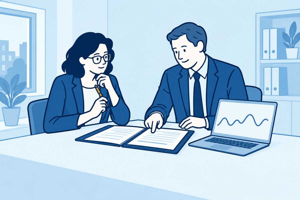 Belegger en adviseur bespreken een portefeuilleoverzicht en financieel verlies.