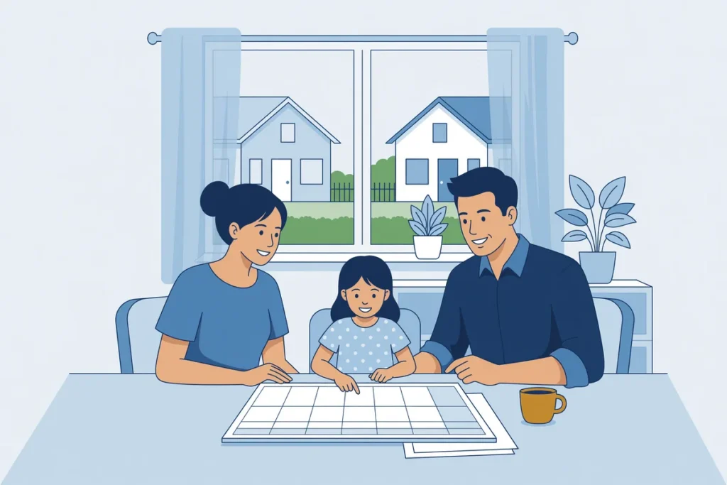 Illustratie van twee ouders en hun dochter die samen een weekplanner invullen, met twee woningen door het raam.