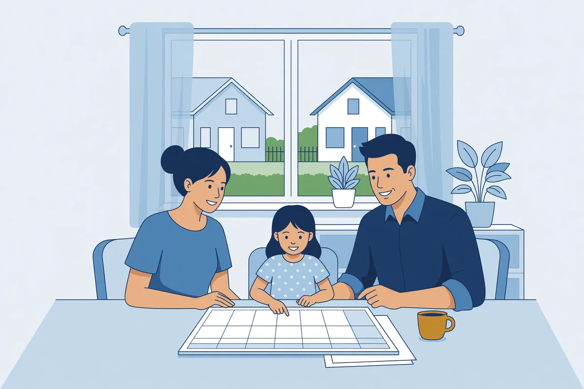 Illustratie van twee ouders en hun dochter die samen een weekplanner invullen, met twee woningen door het raam.