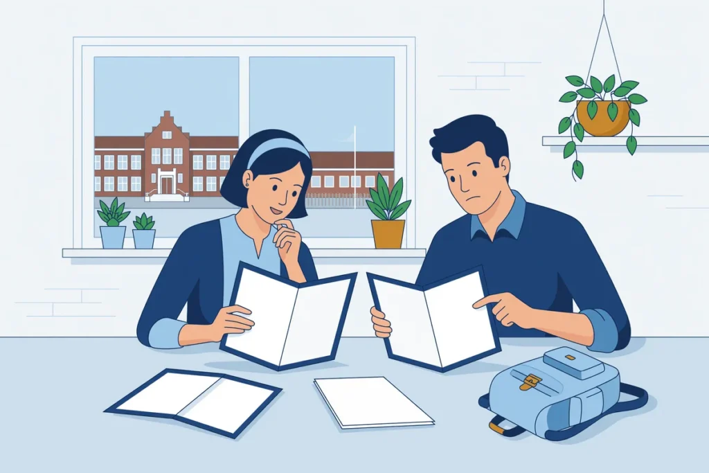 Illustratie van twee ouders die schoolfolders vergelijken, met een basisschool zichtbaar door het raam.