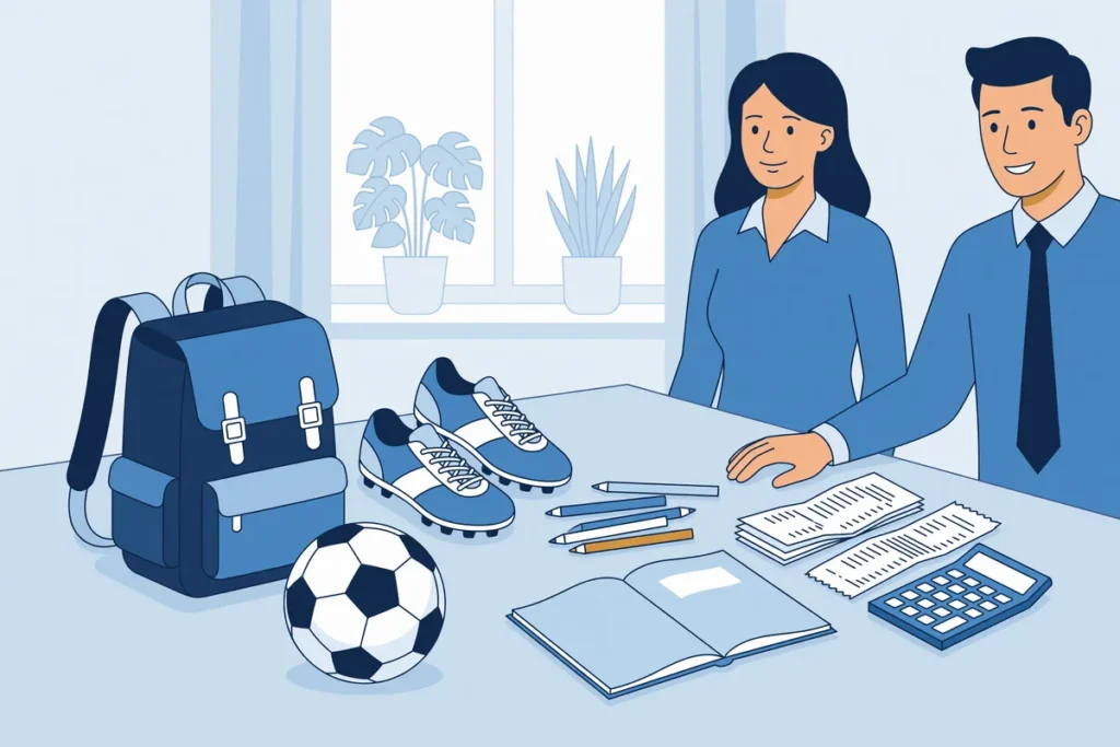 Illustratie van ouders bij schoolspullen, sportschoenen, een voetbal, bonnetjes en een rekenmachine.