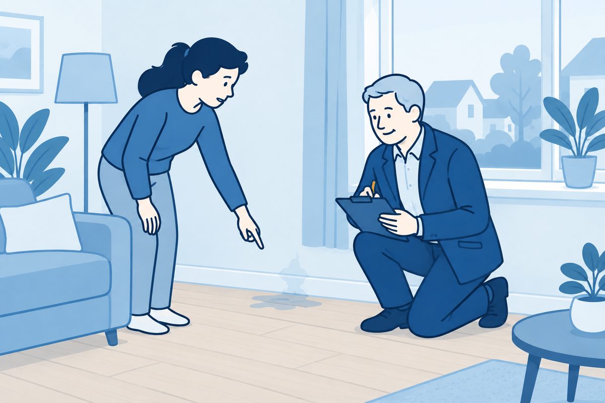 Schade-expert inspecteert een beschadigde vloer terwijl de bewoner de schade aanwijst.