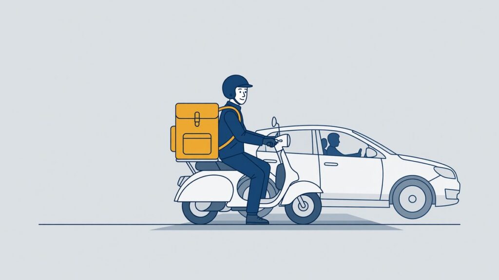 Illustratie: maaltijdbezorger op een scooter bij een kruising met een auto, aanrijding tijdens bezorgwerk