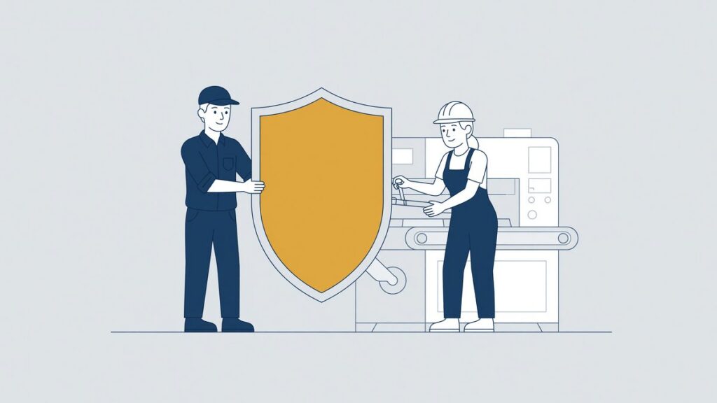 Illustratie: werkgever beschermt een uitzendkracht aan een machine met een schild, aansprakelijkheid van de werkgever