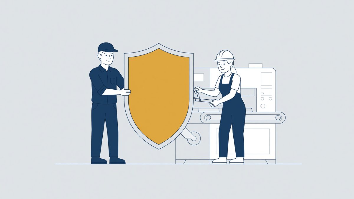Illustratie: werkgever beschermt een uitzendkracht aan een machine met een schild, aansprakelijkheid van de werkgever