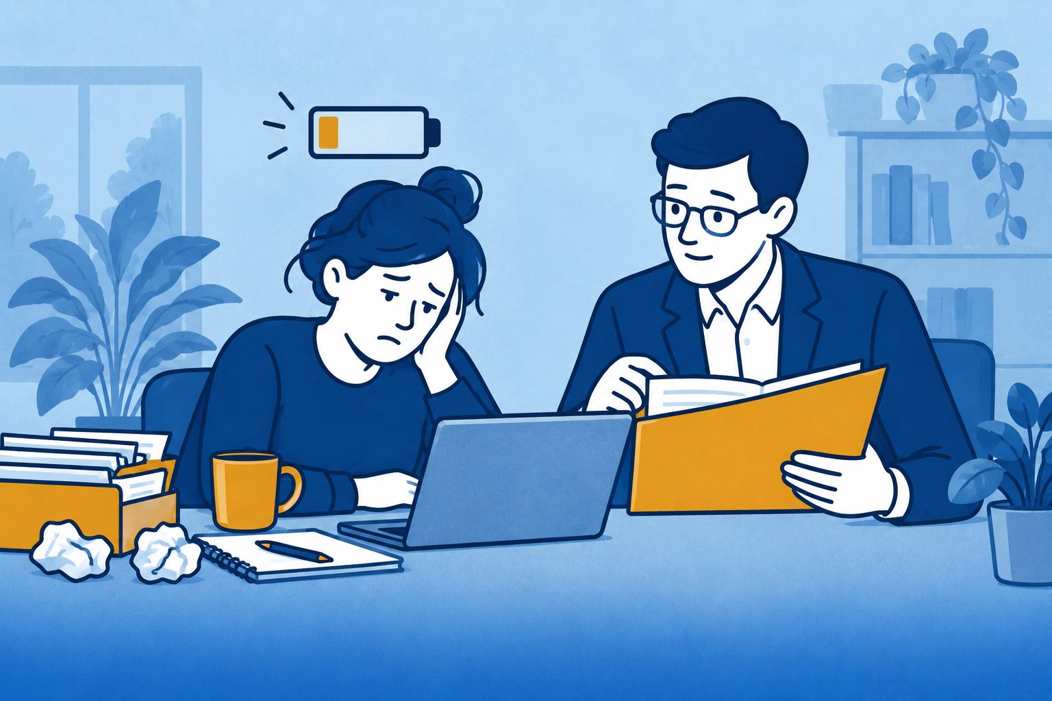 Vermoeide zelfstandige bespreekt een arbeidsongeschiktheidsdossier met een adviseur.