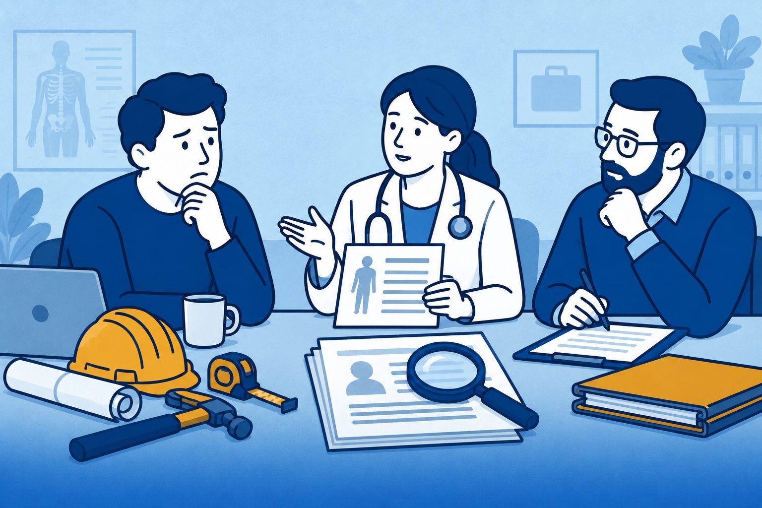 Zelfstandige bespreekt een medisch en arbeidsdeskundig rapport met twee deskundigen.