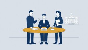 Illustration: a mediator at a round table between two parties with the court in the background