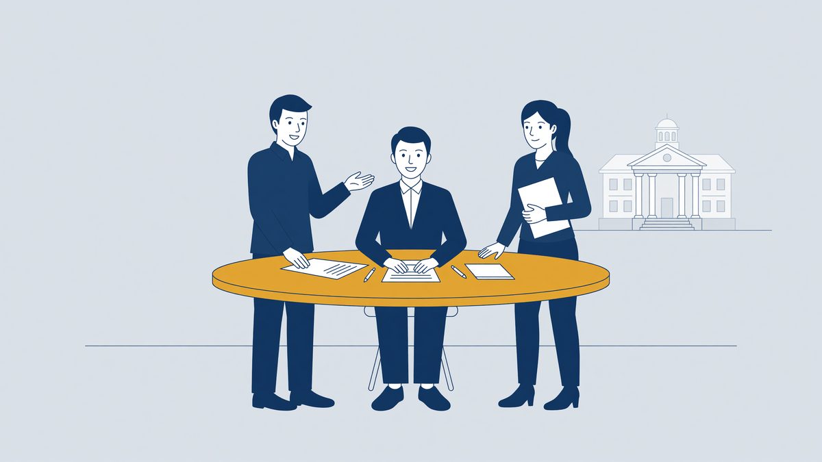 Illustratie: mediator aan een ronde tafel tussen twee partijen, met de rechtbank op de achtergrond