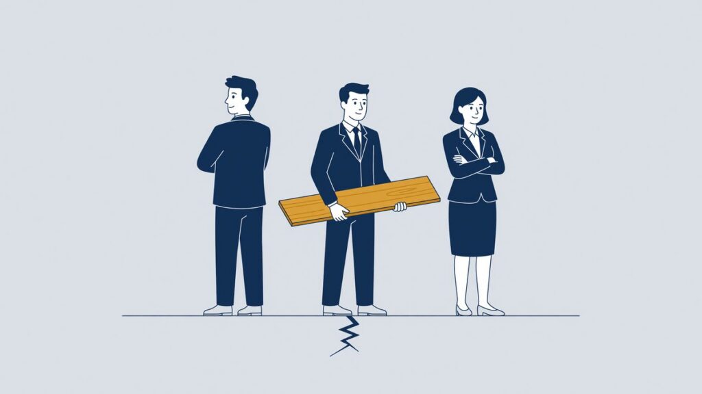 Illustratie: twee collega's bij een scheur in de vloer, advocaat legt een brug, oplossen van een arbeidsconflict