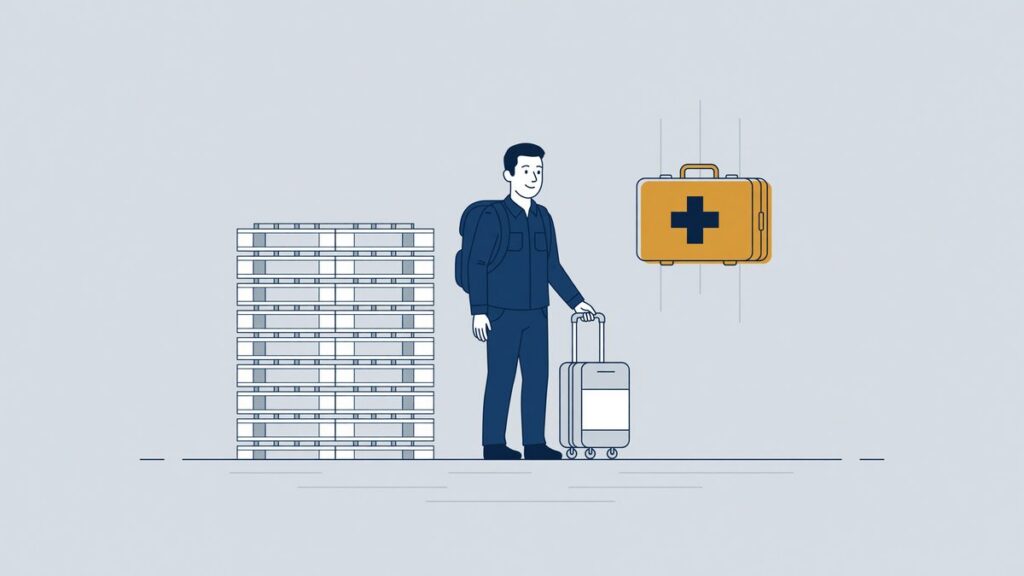 Illustration: a labour migrant with a backpack and suitcase in a warehouse next to a first aid kit, workplace accidents