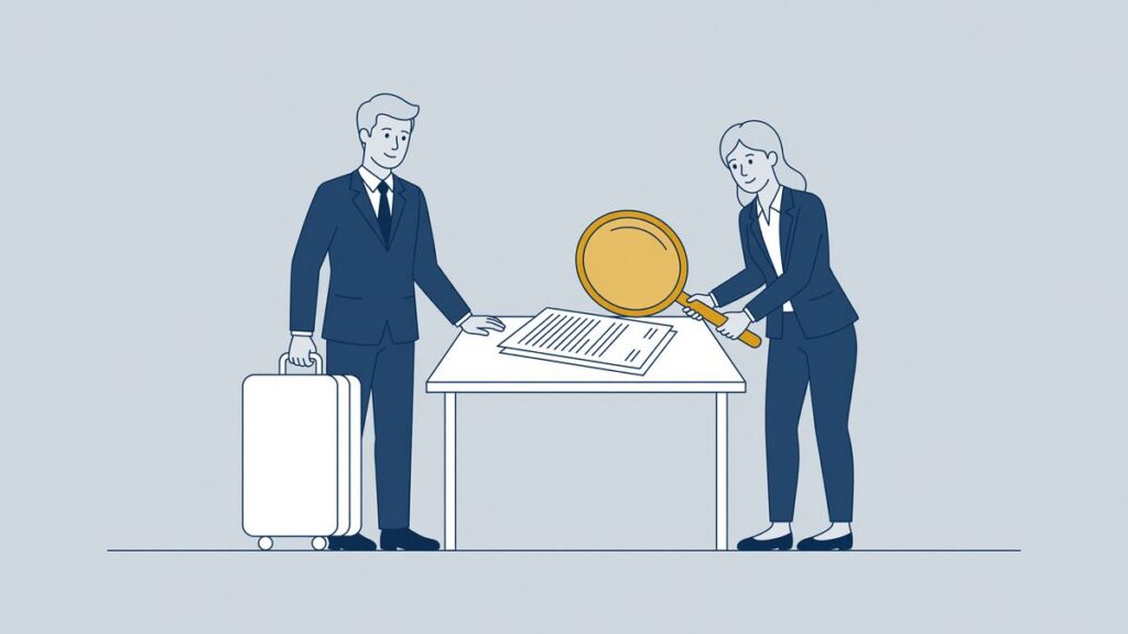 Illustratie: expat controleert zijn arbeidsovereenkomst met een vergrootglas