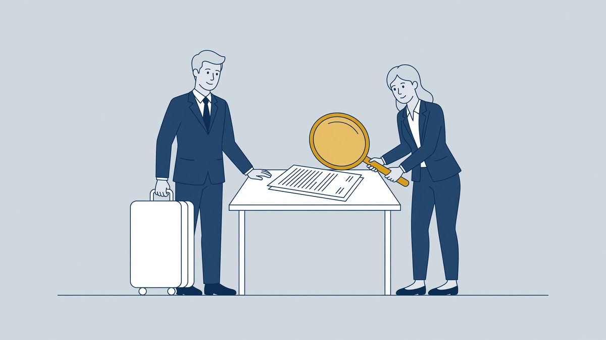 Illustration: an expat checks an employment contract with a magnifying glass