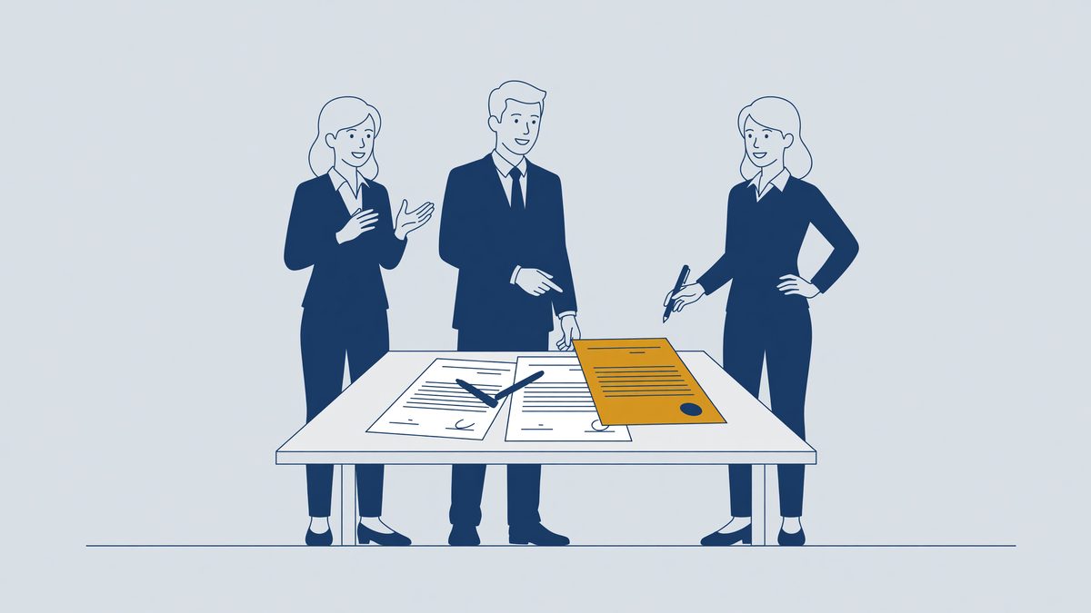 Illustration: an employee chooses between three types of employment contract on a table