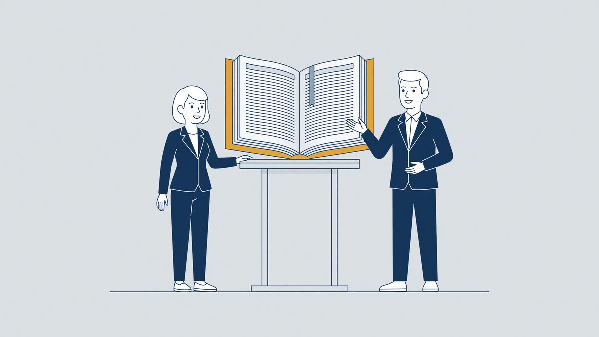 Illustratie: werkgever en werknemer aan weerszijden van een open wetboek, arbeidsrecht in Nederland